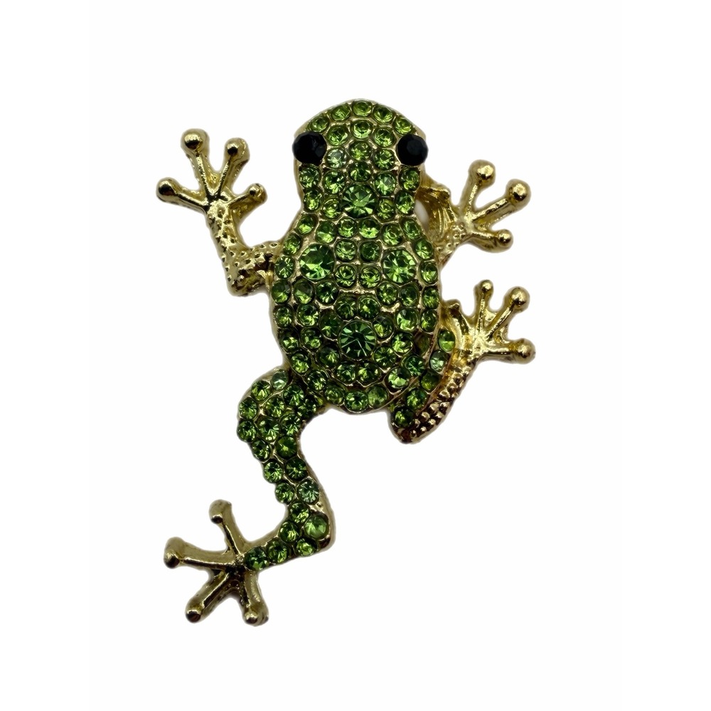 Vintage Gold Tone Green Rhinestone Frog Brooch Pave Crystal Toad Jewelry